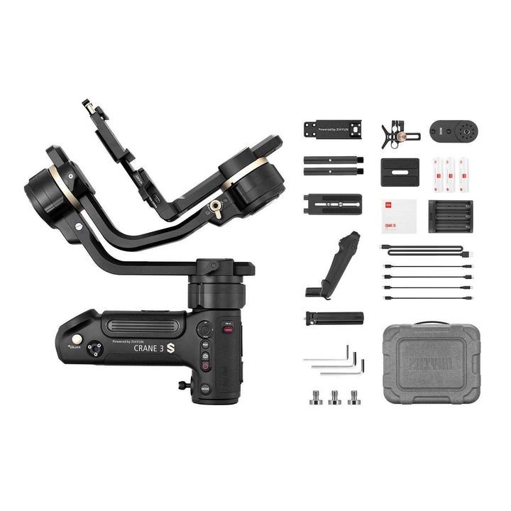 ZHIYUN Crane 3S: 55° angled roll axis, Extendable Arm， SmartSling Grip, and Advanced Zoom/Focus.