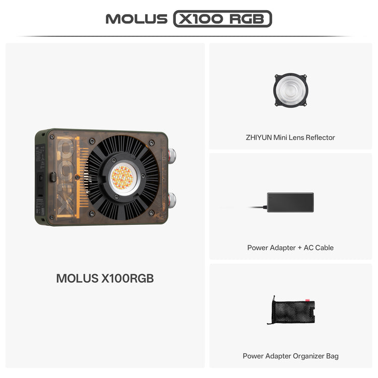 Zhiyun MOLUS X100 RGB illuminated in use — portable rgb video light with palm-sized rgb pocket light form.
