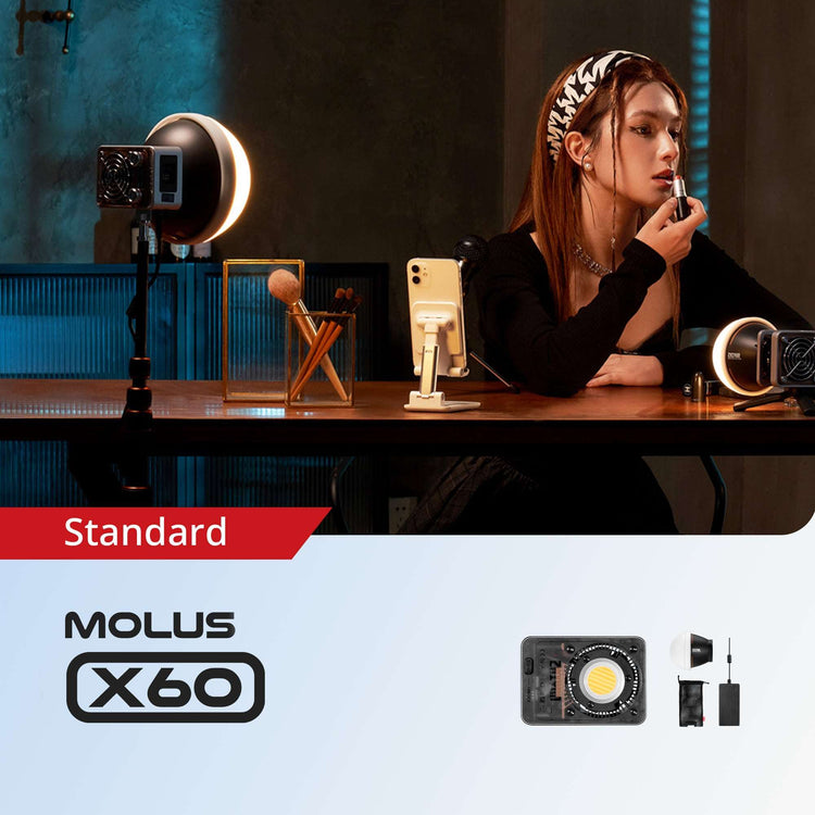 ZHIYUN MOLUS X60 compact LED light, 60W output, RGB modes, grip battery, PD charging, Bowens mount compatibility