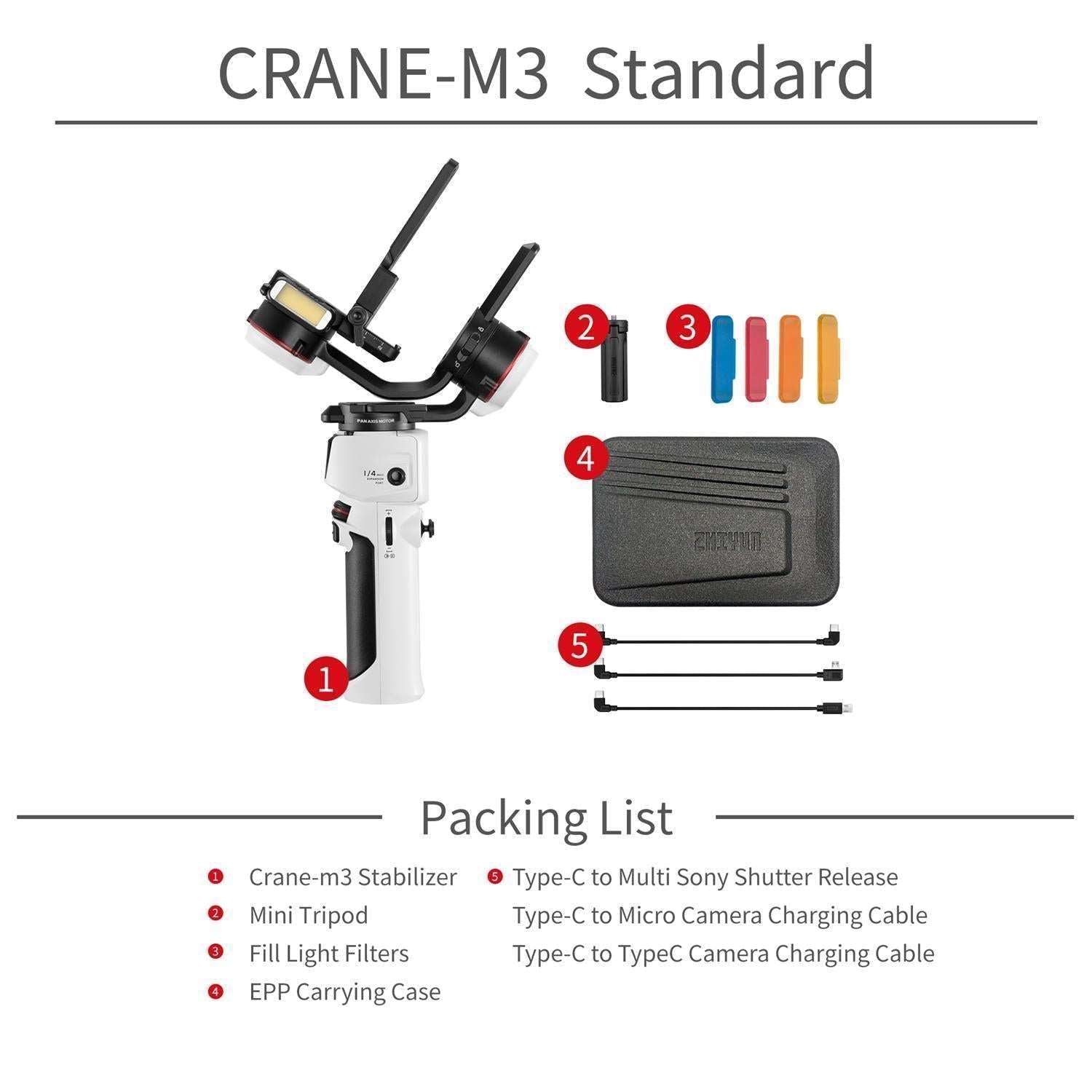 ZHIYUN Crane M3: Portable, professional, compatible. Compact design, dual-color fill light, 1.22” touch screen, PD 12W fast charging.