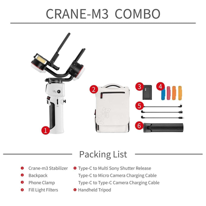 ZHIYUN Crane M3: Portable, professional, compatible. Compact design, dual-color fill light, 1.22” touch screen, PD 12W fast charging.