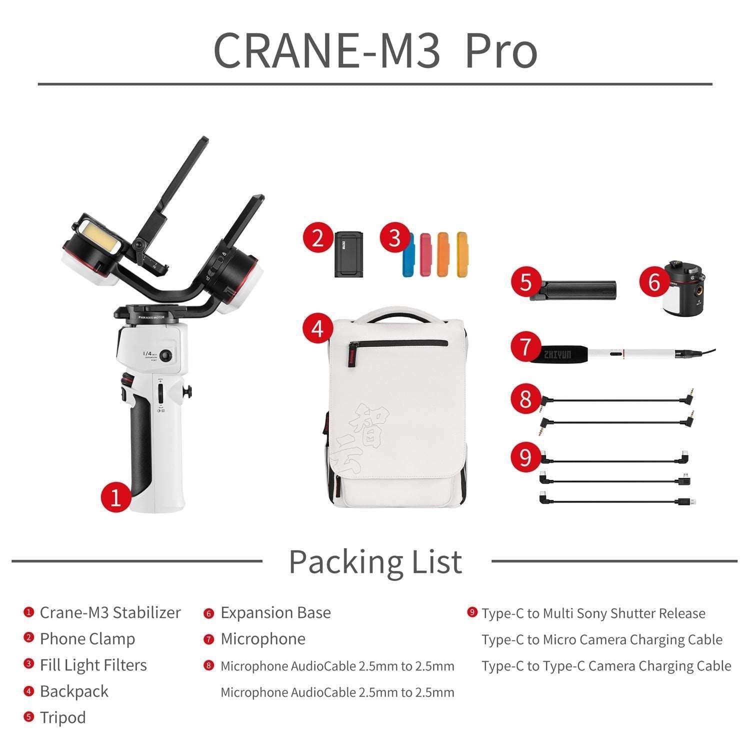 ZHIYUN Crane M3: Portable, professional, compatible. Compact design, dual-color fill light, 1.22” touch screen, PD 12W fast charging.