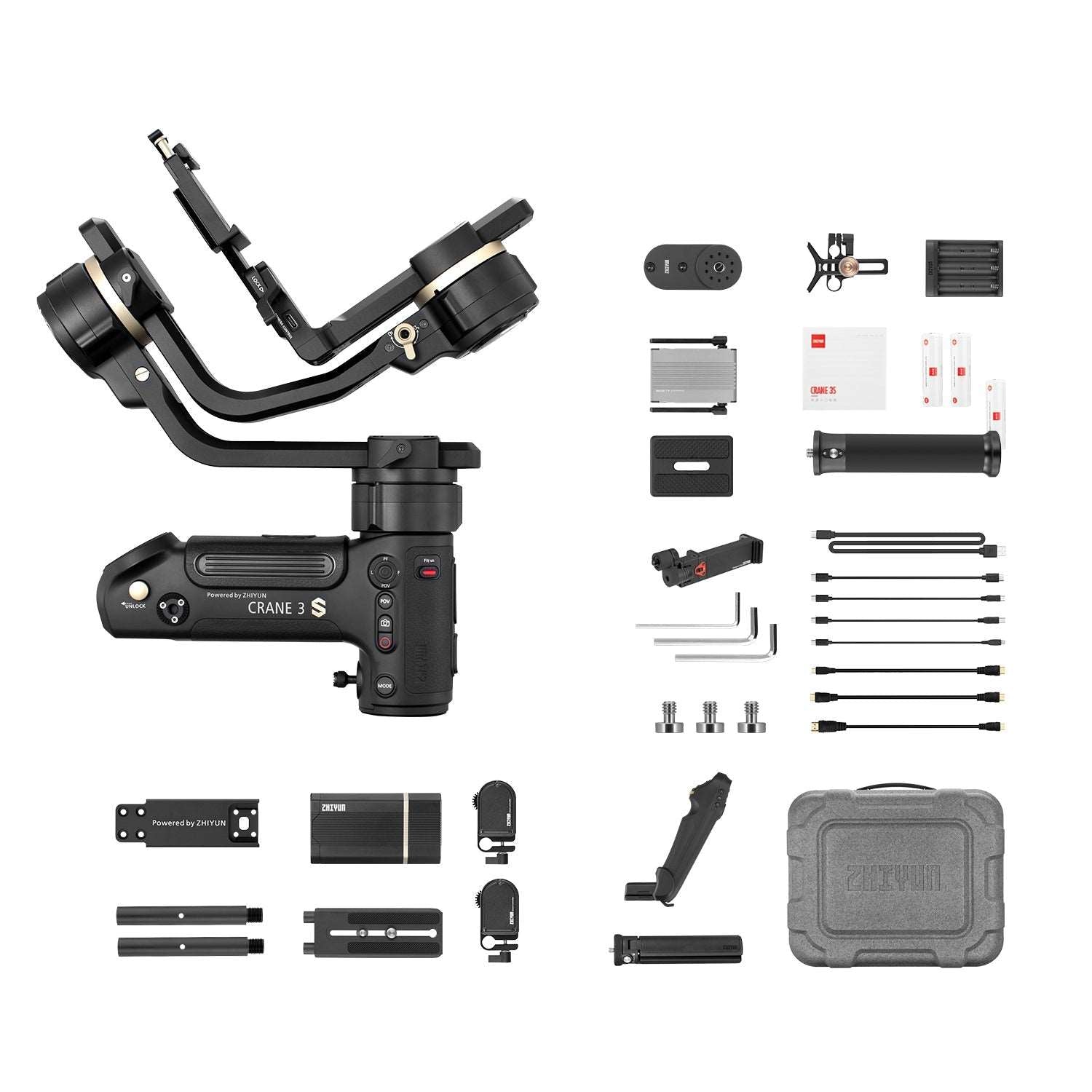 ZHIYUN Crane 3S: 55° angled roll axis, Extendable Arm， SmartSling Grip, and Advanced Zoom/Focus.