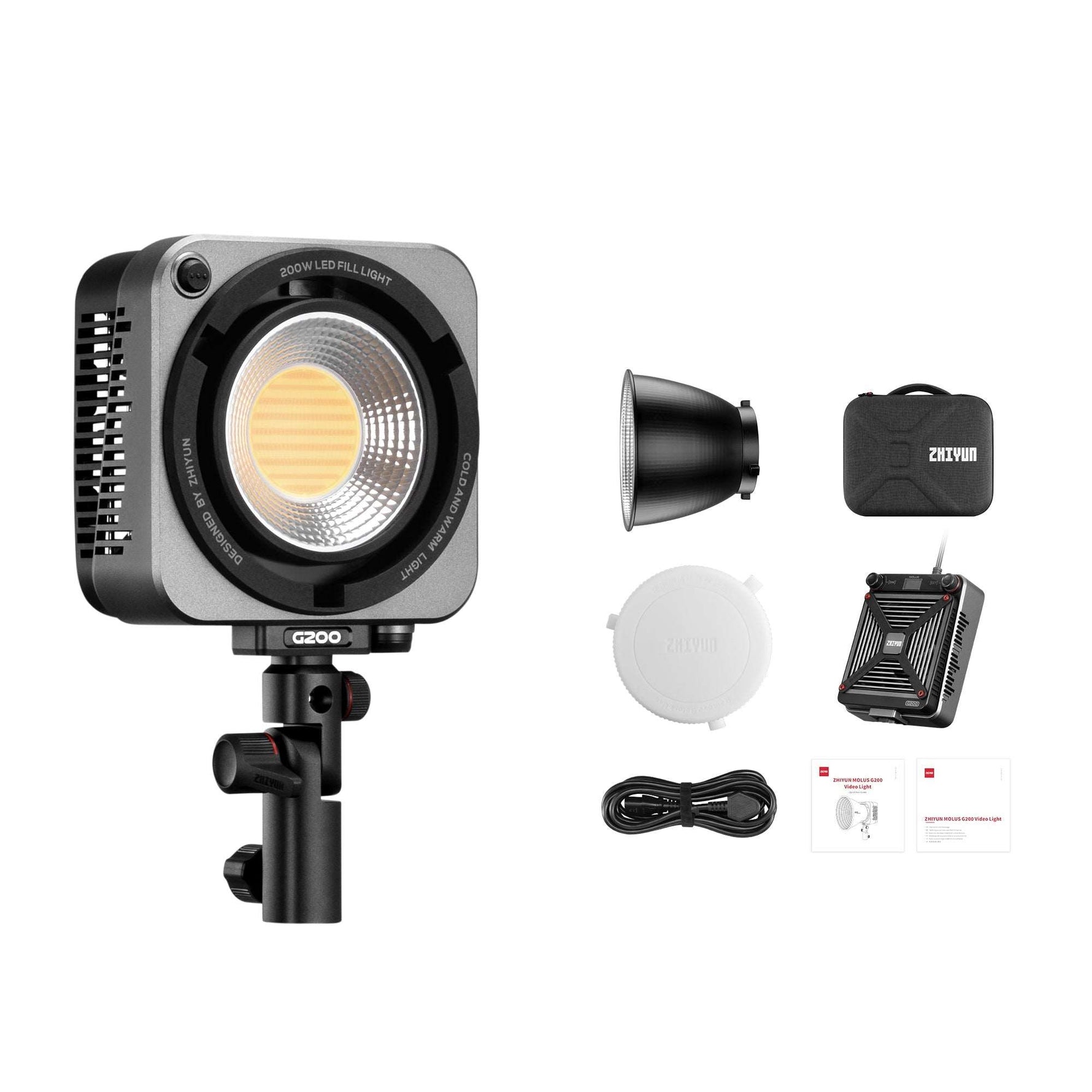 ZHIYUN MOLUS G200: Film-grade COB light with 180° flexibility and seamless dimming. MAX Extreme Mode, DynaVort Cooling System™.