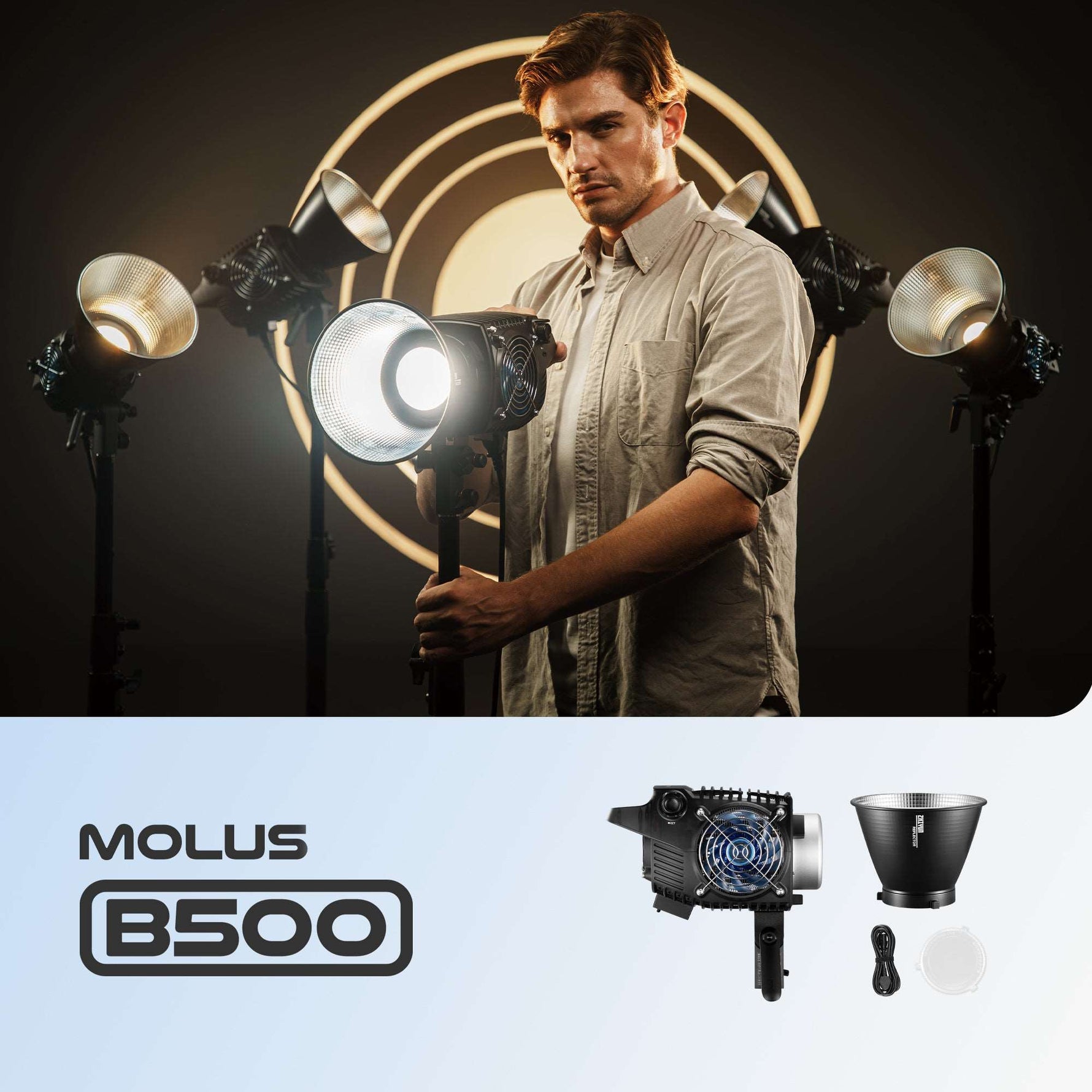 ZHIYUN MOLUS B-Series lights, 100W to 500W, ZY Vega App, K1 Controller, 2700K-6500K color rendering