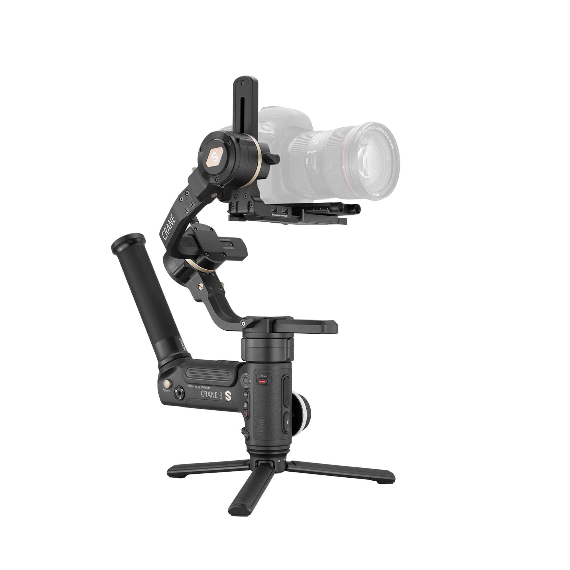 ZHIYUN Crane 3S: 55° angled roll axis, Extendable Arm， SmartSling Grip, and Advanced Zoom/Focus.