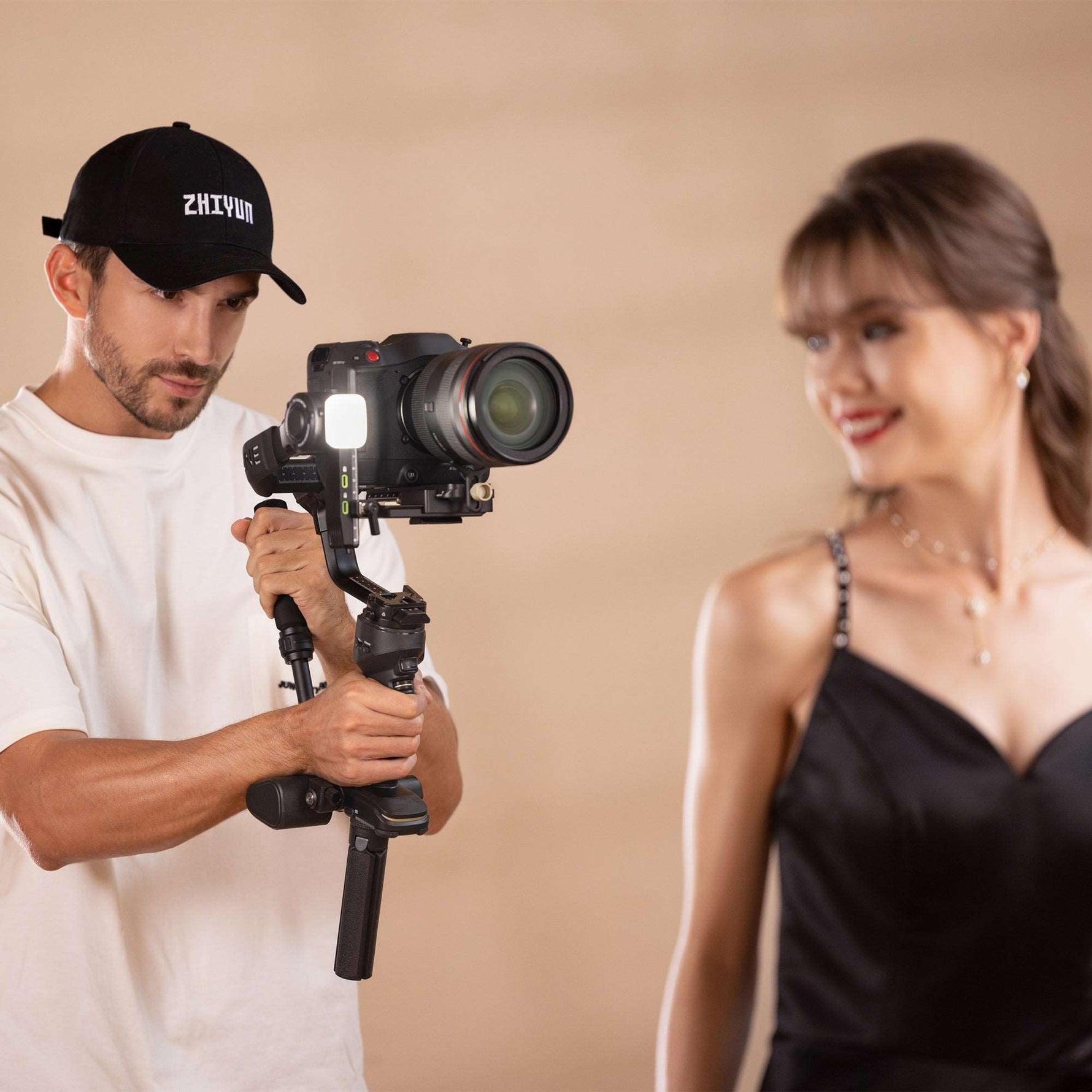 Close-up of ZHIYUN CRANE 4 camera gimbal stabilizer with full-frame DSLR mounted