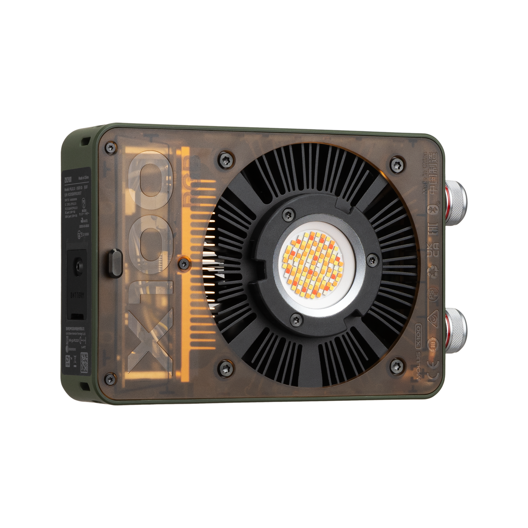Zhiyun MOLUS X100 RGB pocket camera gimbal stabilizer light showing lens detail — compact rgb camera light design