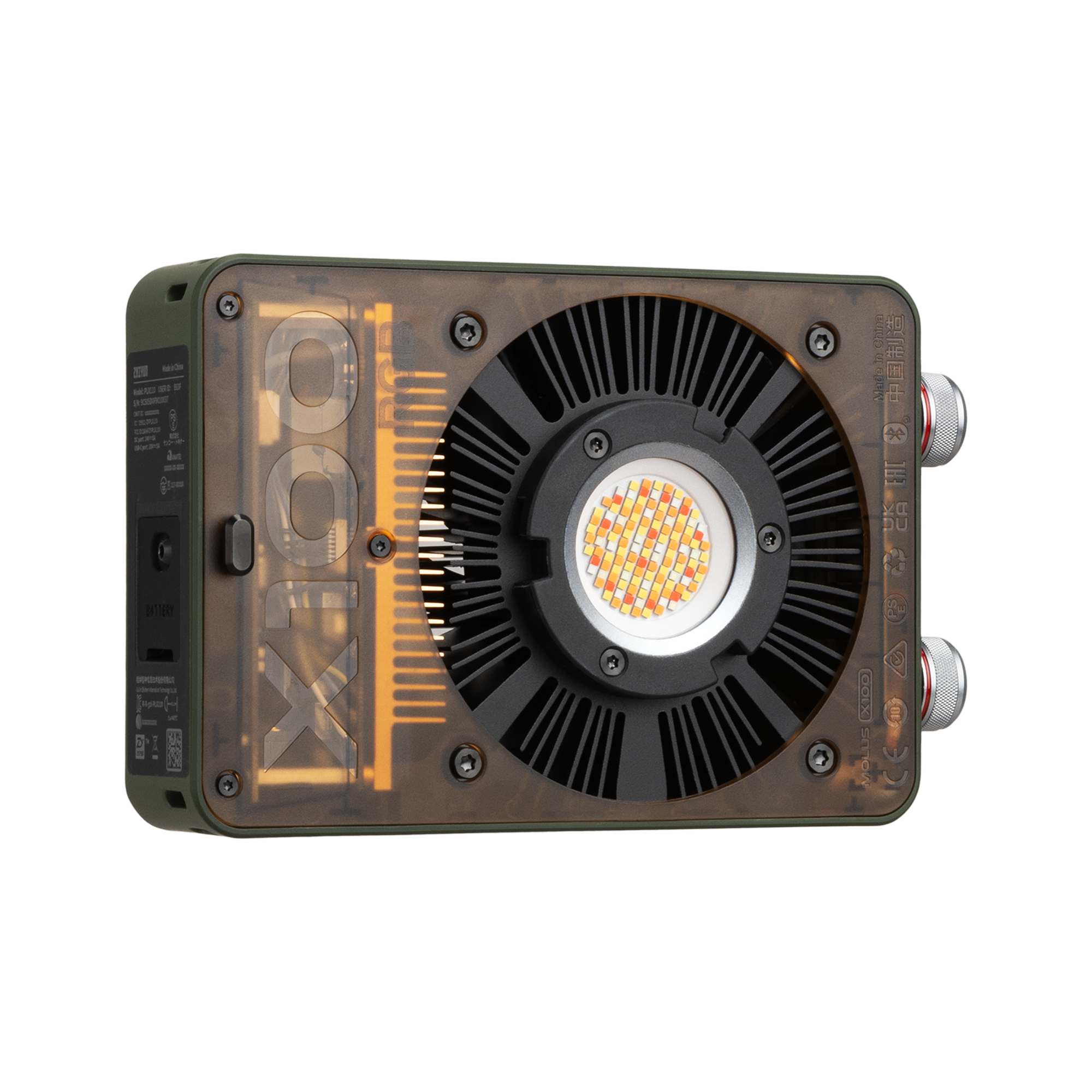 Zhiyun MOLUS X100 RGB pocket camera gimbal stabilizer light showing lens detail — compact rgb camera light design