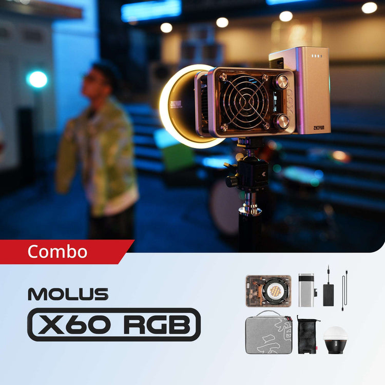 ZHIYUN MOLUS X60 compact LED light, 60W output, RGB modes, grip battery, PD charging, Bowens mount compatibility