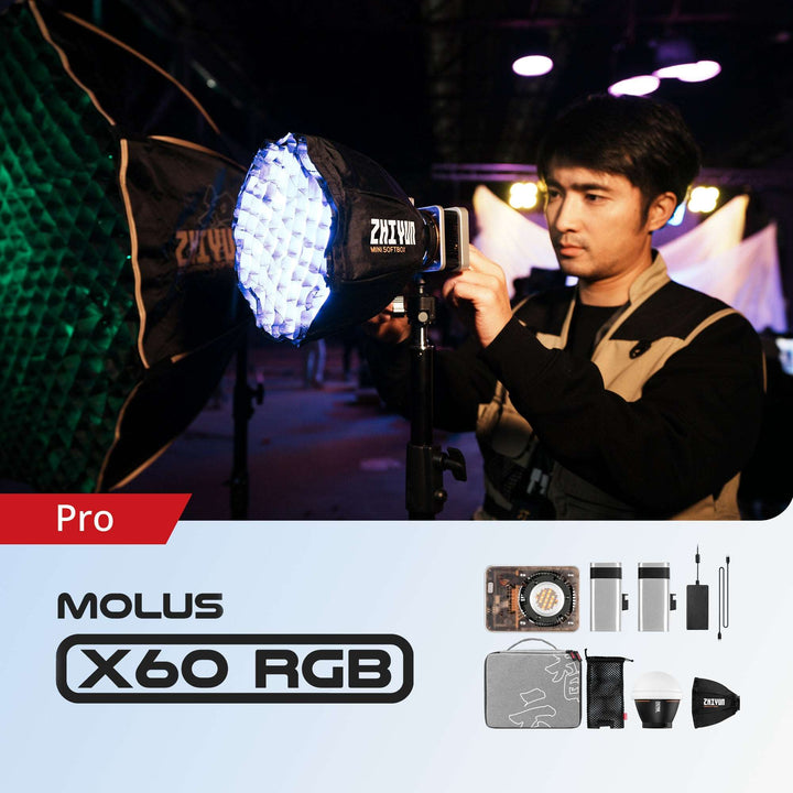 ZHIYUN MOLUS X60 compact LED light, 60W output, RGB modes, grip battery, PD charging, Bowens mount compatibility