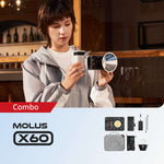 ZHIYUN MOLUS X60 compact LED light, 60W output, RGB modes, grip battery, PD charging, Bowens mount compatibility