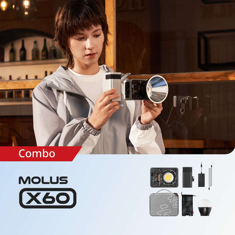 ZHIYUN MOLUS X60 compact LED light, 60W output, RGB modes, grip battery, PD charging, Bowens mount compatibility