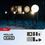 ZHIYUN MOLUS X60 compact LED light, 60W output, RGB modes, grip battery, PD charging, Bowens mount compatibility