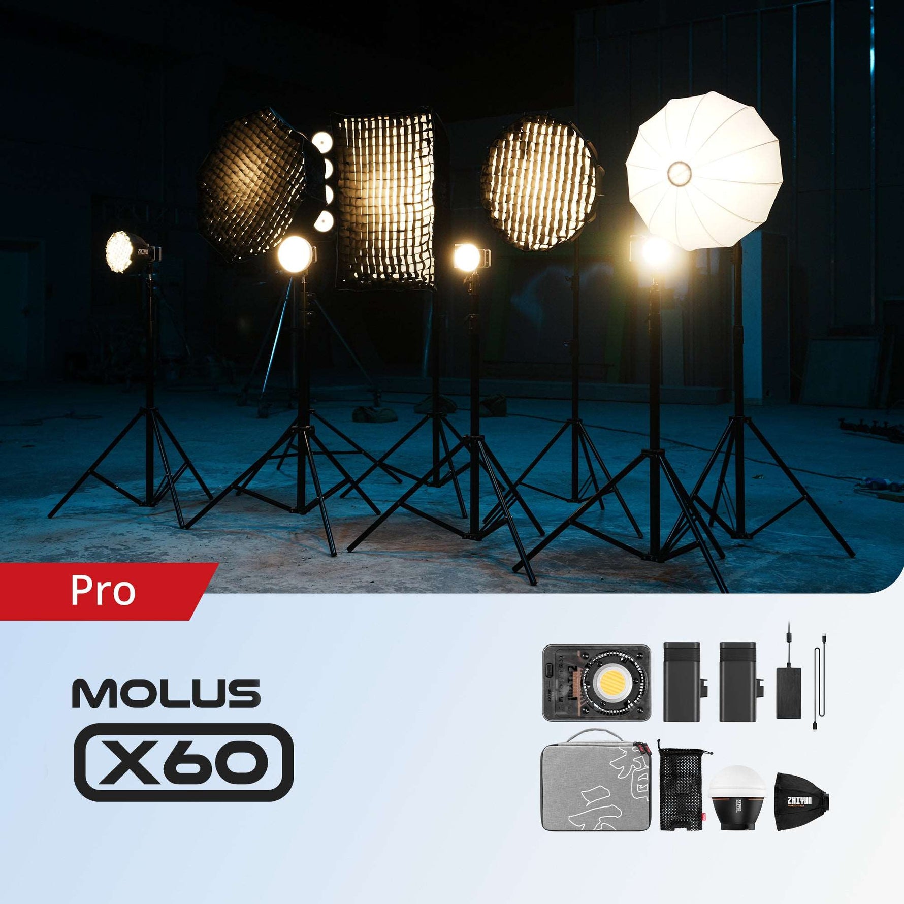 ZHIYUN MOLUS X60 compact LED light, 60W output, RGB modes, grip battery, PD charging, Bowens mount compatibility