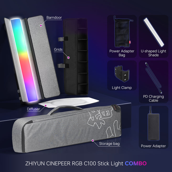 ZHIYUN CINEPEER C100 stick light, 100W, RGB full-color, 36,000 hues, built-in lighting effects, portable with long battery life.