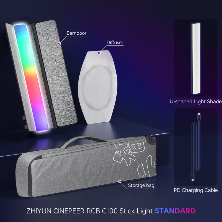 ZHIYUN CINEPEER C100 stick light, 100W, RGB full-color, 36,000 hues, built-in lighting effects, portable with long battery life.