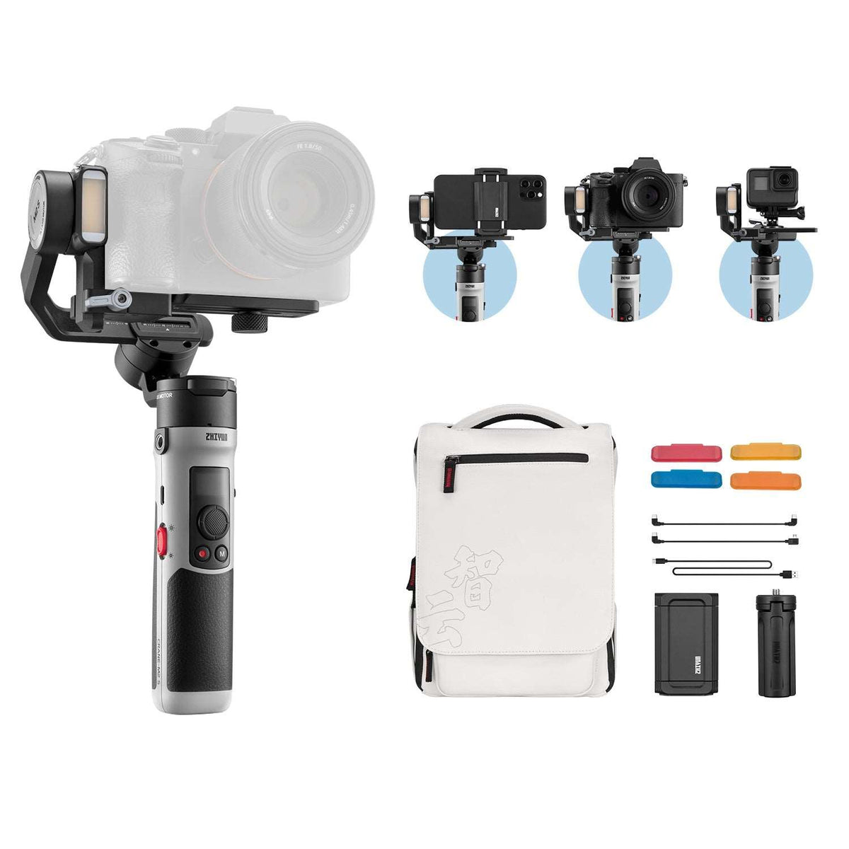 ZHIYUN Crane M2S : Compact structure with Dual Color Fill Light. Classic Design, Enhanced Compatibility, and Rapid Charging.