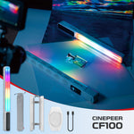 ZHIYUN CINEPEER CF100: 100W RGB stick light with one-press mode, adaptive charging, rich lighting effects, portable and versatile.