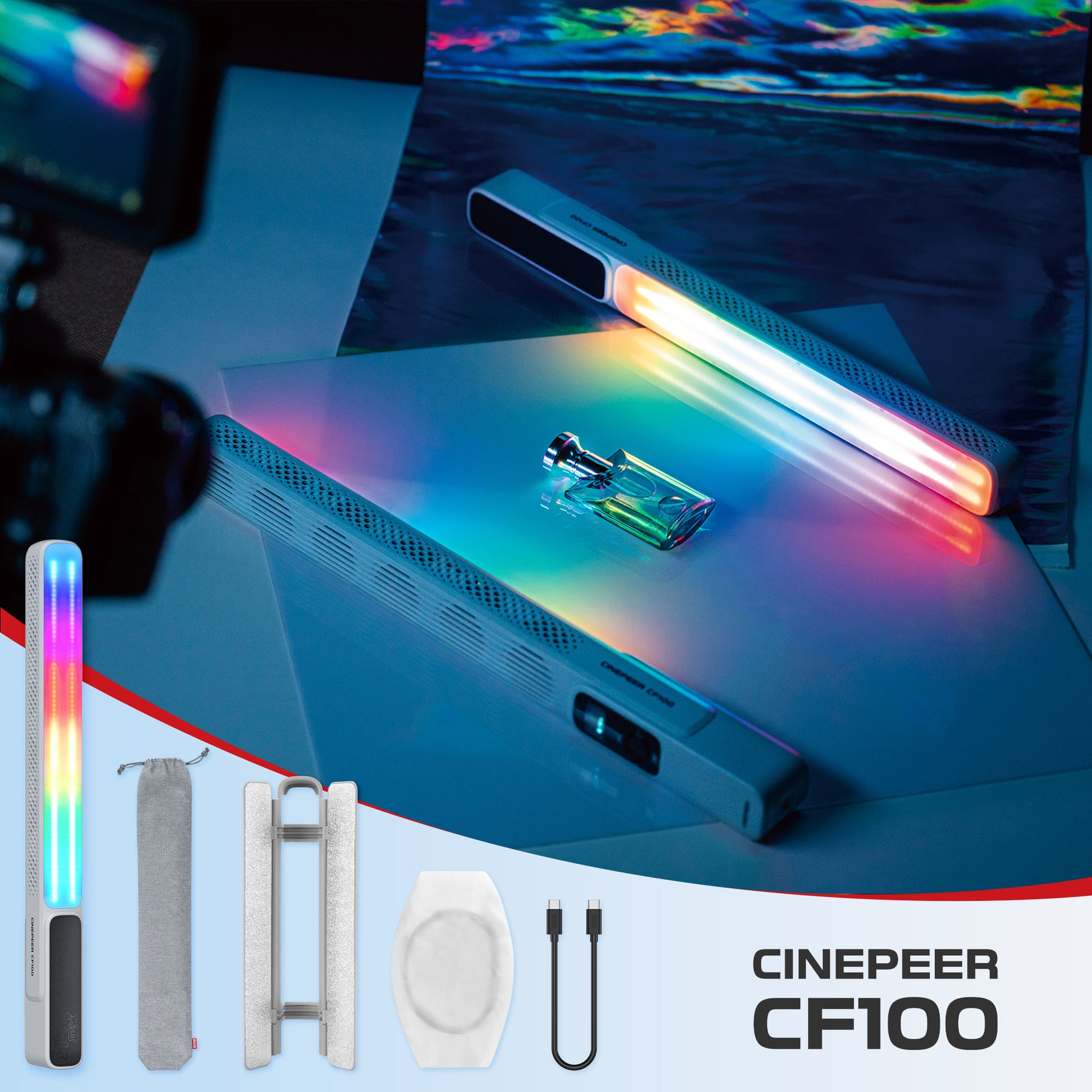 ZHIYUN CINEPEER CF100: 100W RGB stick light with one-press mode, adaptive charging, rich lighting effects, portable and versatile.