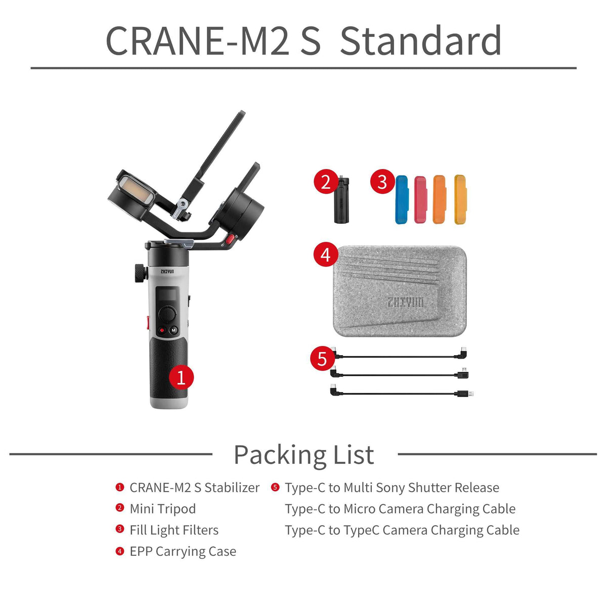 ZHIYUN Crane M2S : Compact structure with Dual Color Fill Light. Classic Design, Enhanced Compatibility, and Rapid Charging.