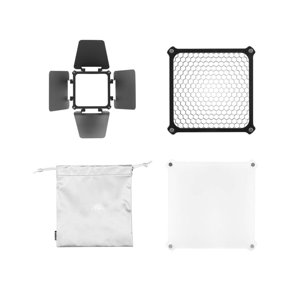 ZHIYUN Black four-leaf-shaped photography light shade, with grid honeycomb, grey zipper bag, white square panel, and photography accessory.