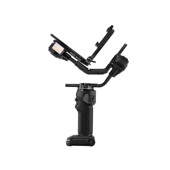 Rear view of CRANE 4 3-axis stabilizer with ergonomic grip and control interface for filmmakers