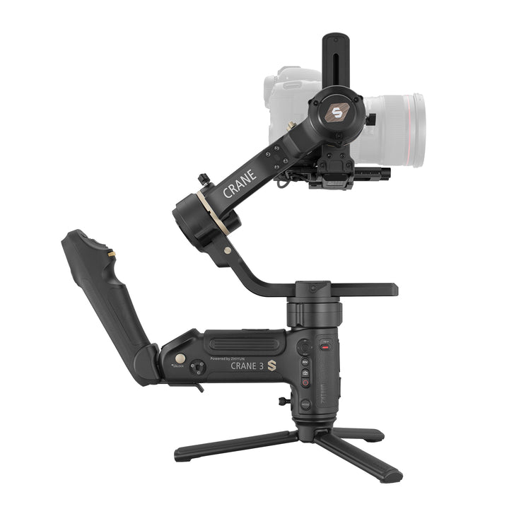 ZHIYUN Crane 3S: 55° angled roll axis, Extendable Arm， SmartSling Grip, and Advanced Zoom/Focus.