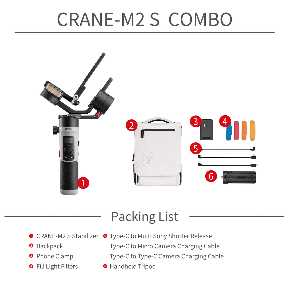 ZHIYUN Crane M2S : Compact structure with Dual Color Fill Light. Classic Design, Enhanced Compatibility, and Rapid Charging.