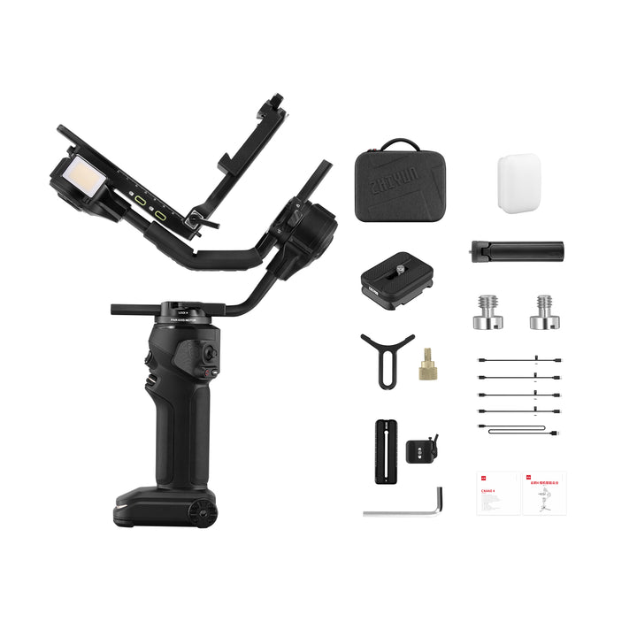 Filmmaker adjusting settings on CRANE 4 camera gimbal stabiliser touchscreen in a studio setup